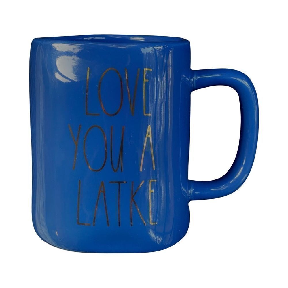 Rae Dunn Hanukkah Inspired Coffee Mug (Love You A Latke) Blue & Metallic Gold